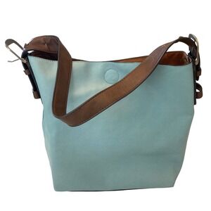 Light Blue Faux Leather Bucket Bag Brown Adjustable Strap Hobo Tote